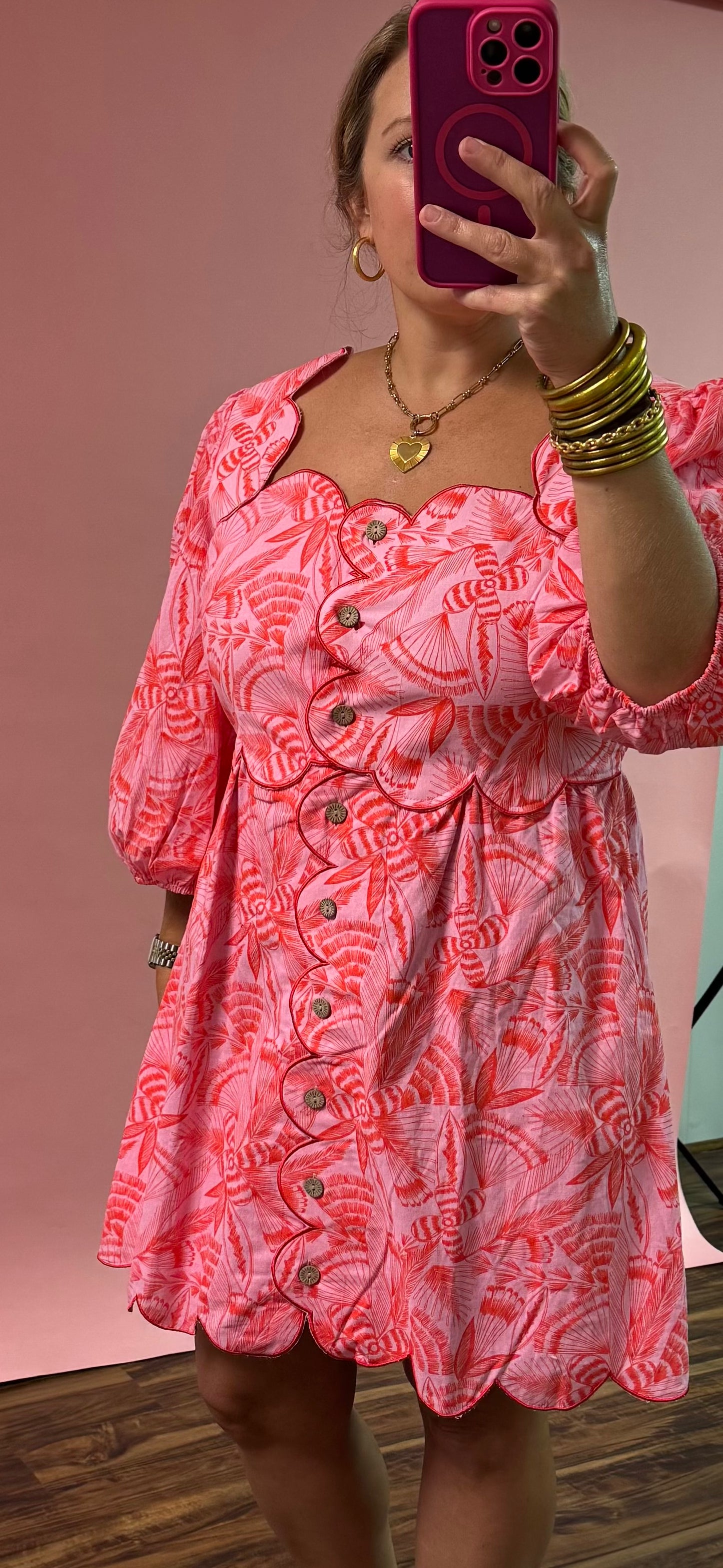Pink Scallop Edge Button Dress