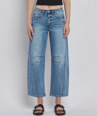 High Rise Dart Barrel Leg Jeans