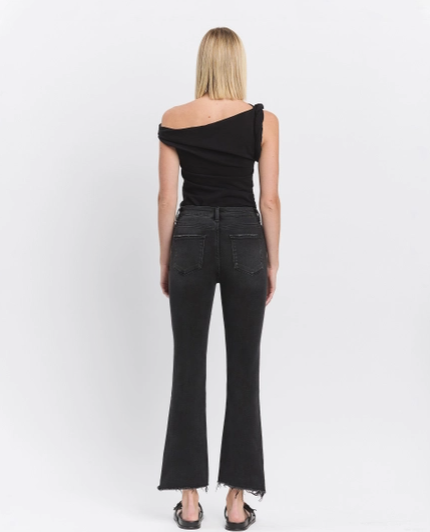 High Rise Raw Hem Black Crop Flare Jean