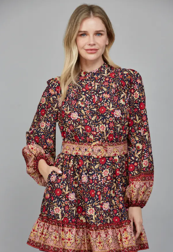 Border Print Belted Button Down Mini Dress