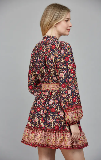 Border Print Belted Button Down Mini Dress