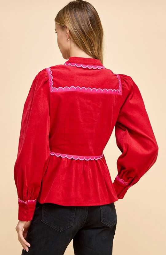 Corduroy Scallop Detail Button Up Top