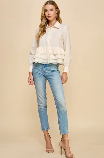 Button Up Long Sleeve Peplum Waist Top
