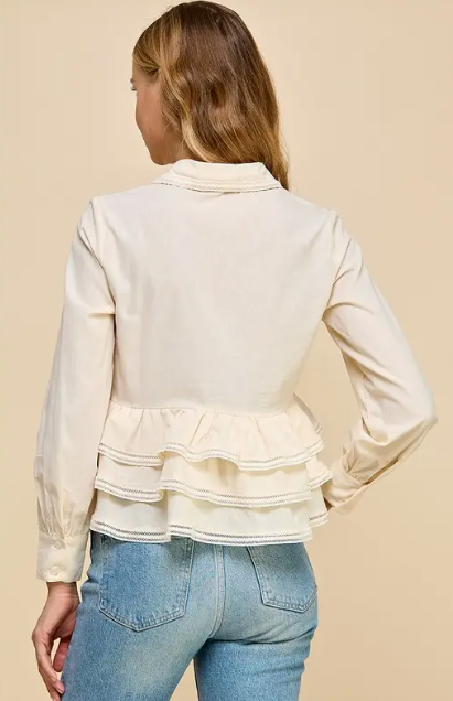 Button Up Long Sleeve Peplum Waist Top