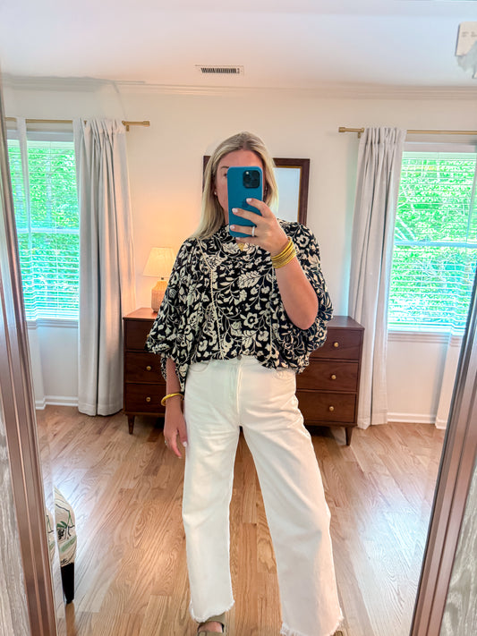 Floral Button Down Top with Scallop Trim