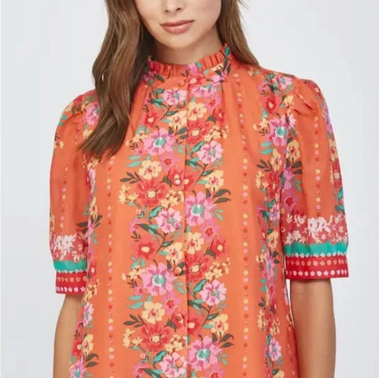 Orange Floral Button Front Top
