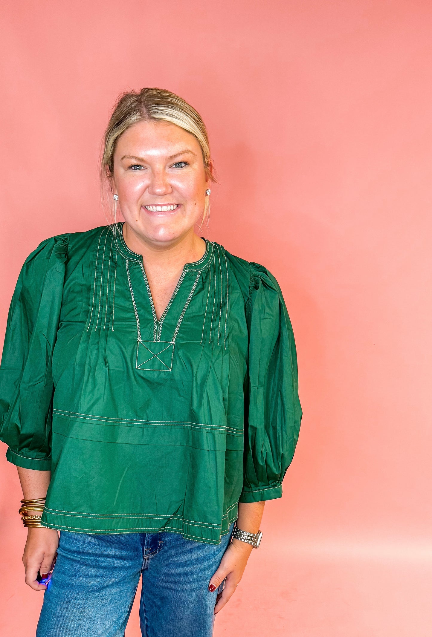 Green V Neck Pleated Top