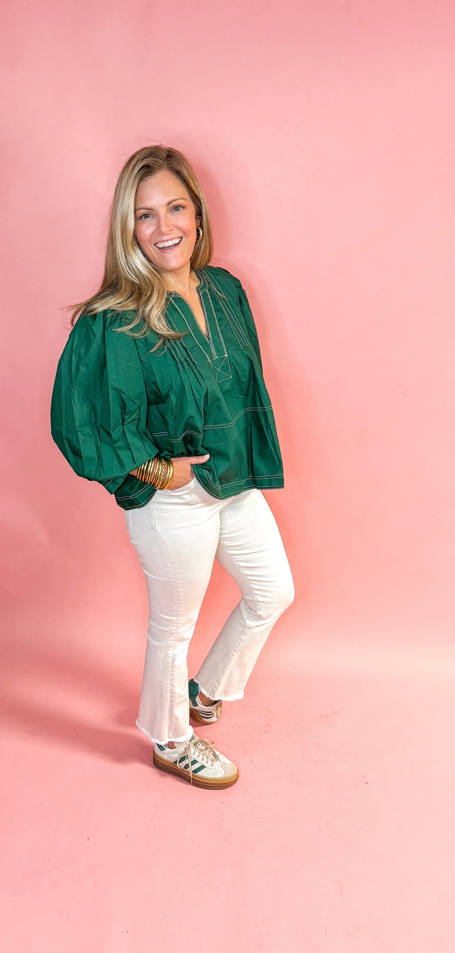 Green V Neck Pleated Top