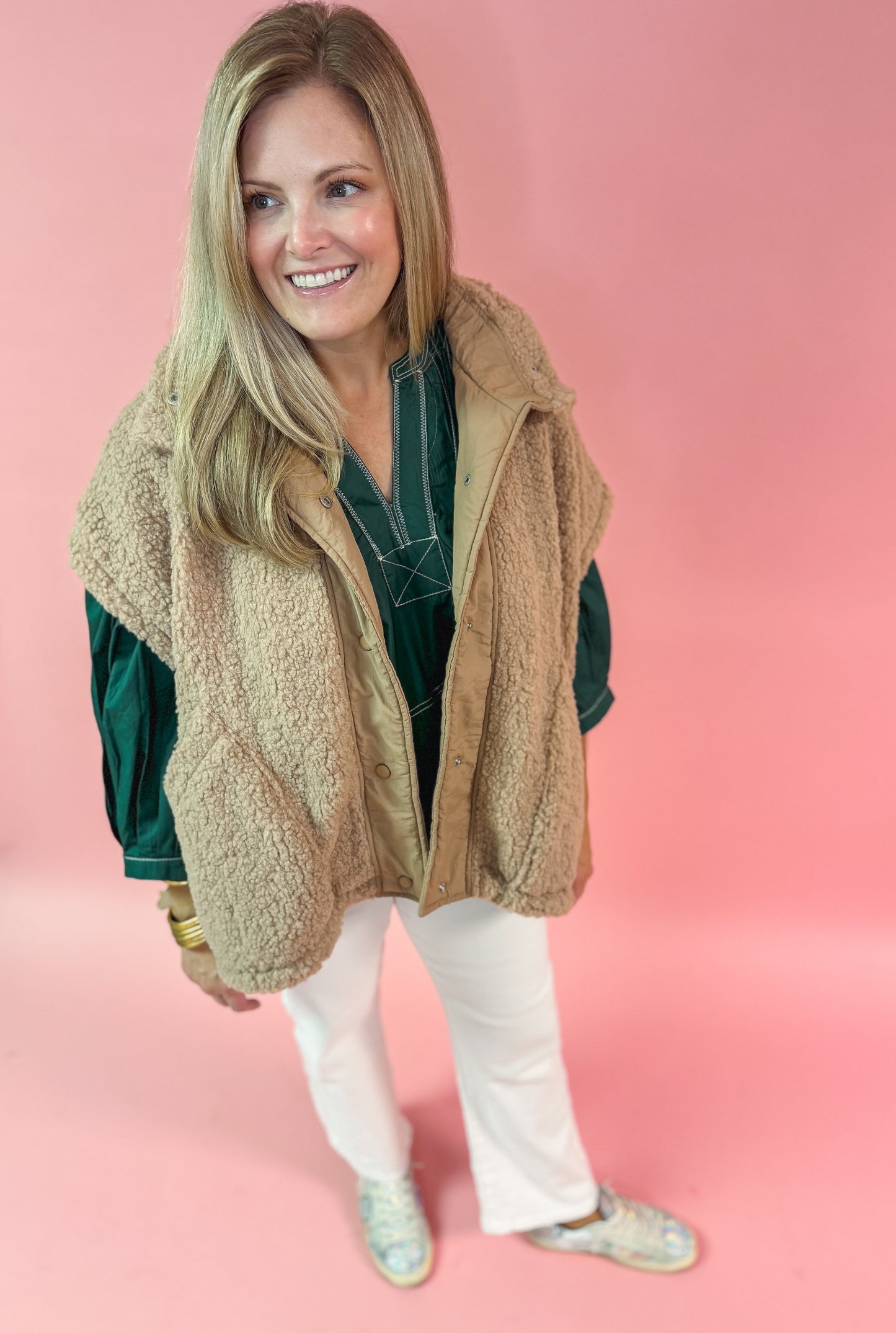 Green V Neck Pleated Top