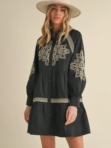Embroidered Button Down Mini Dress