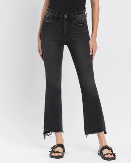 High Rise Raw Hem Black Crop Flare Jean