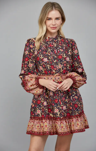 Border Print Belted Button Down Mini Dress