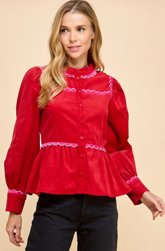 Corduroy Scallop Detail Button Up Top