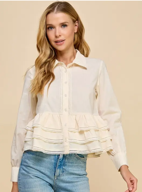 Button Up Long Sleeve Peplum Waist Top