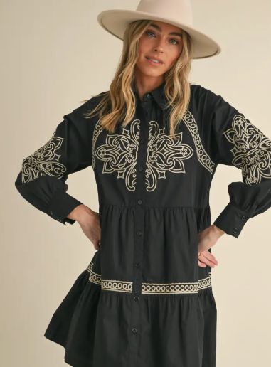 Embroidered Button Down Mini Dress